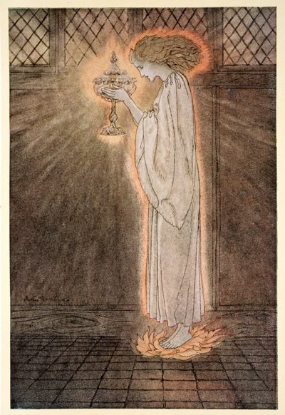 How at the Castle of Corbin a Maiden Bare in the Sangreal and Foretold the Achievements of Galahad, from Alfred Pollard
